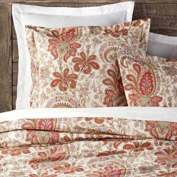 Pottery Barn Charlie Tan & Red Twin Duvet + Euro Sham Organic Cotton Percale